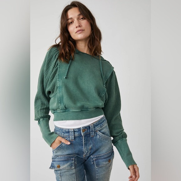 NWT Free People love letter Gauzy Cotton Sweatshirt Green $128 - Picture 5 of 7